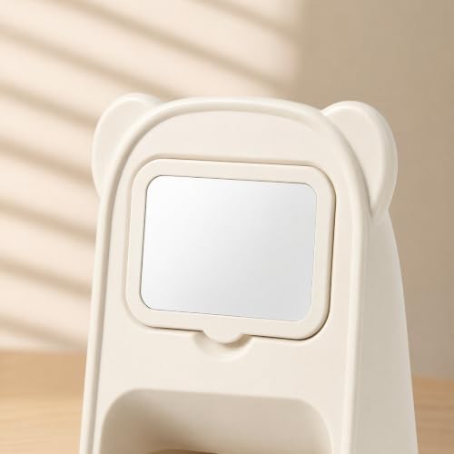 Cute Bear Pen Holder for Desk with Detachable Magnetic Mirror, Aesthetic Cream White Desk Organizer, 2-Compartment Pencil Cup Storage for Office & School - Image 6