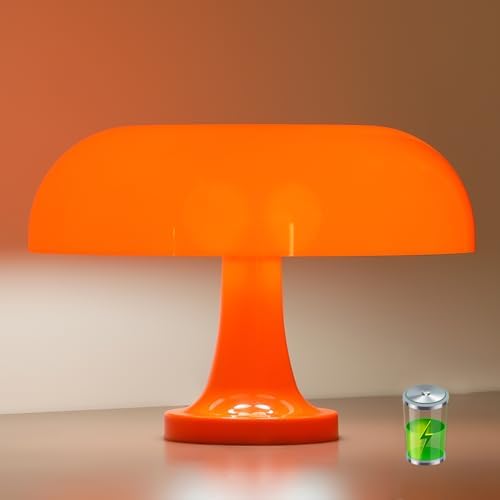 Cordless Mushroom Table Lamp, Rechargeable Orange Bedside Lamp with Touch Control and 3 Color Stepless Dimming, Portable Desk Lamp for Dinner/Restaurant/Bedroom (W11'' x H7.67'') by DIVEKID