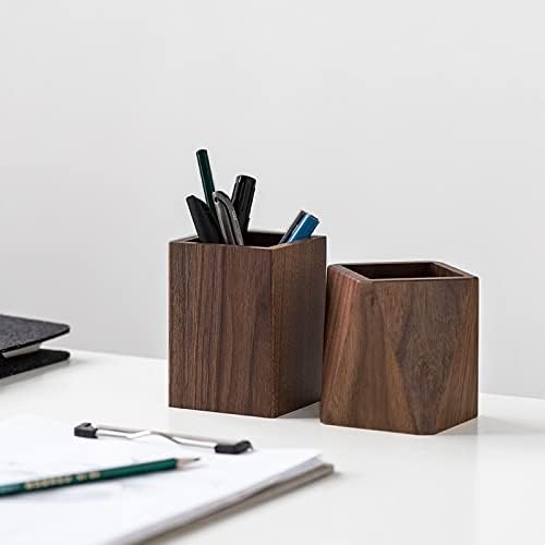 Black Walnut Wooden Pencil Box, Multiple-Use Desk Writing Stationary Organizer Wood Pen Holder Cups Office School Supplies Storage (Square Shape) - Image 2