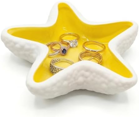 Ceramic Jewelry Dish, Starfish Trinket Dish and Ring Tray for Earrings, Necklaces and Keys, Yellow Coastal Beach Decor for Bathroom Vanity, Dresser or Nightstand by Unknown