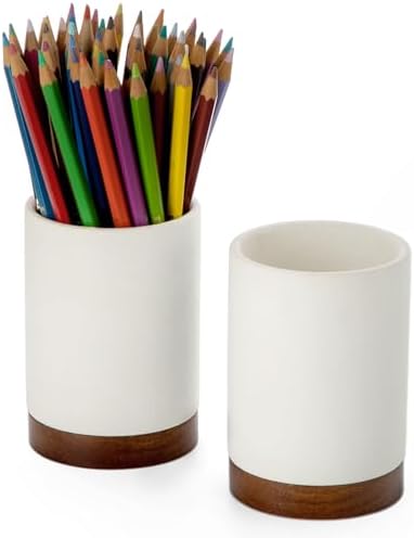 Ceramic Pen Holder for Desk, Pencil Cup, (White,Set / 2) by Officepal