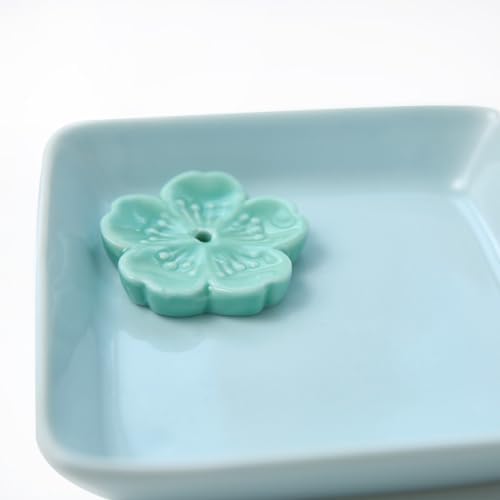 Japanese Ceramic Handmade Cute Cherry Blossom Incense Stick Holder or Incense Burner Holder, Simply Unique Ash Catcher Inscent Tray and Decorative Gift, Home Decor 4.49 inches, Square Blue - Image 6