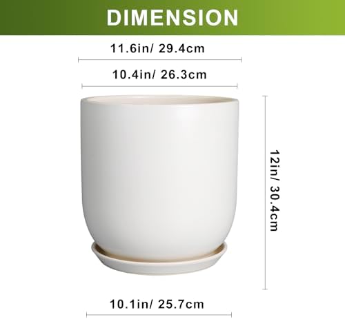 Plant Pot 12 inch - Ceramic Pot for Plants Indoor Outdoor Large Planter Pot with Drainage Hole and Saucer Mid-Century Modern Flower Pot Cylinder White - Image 3