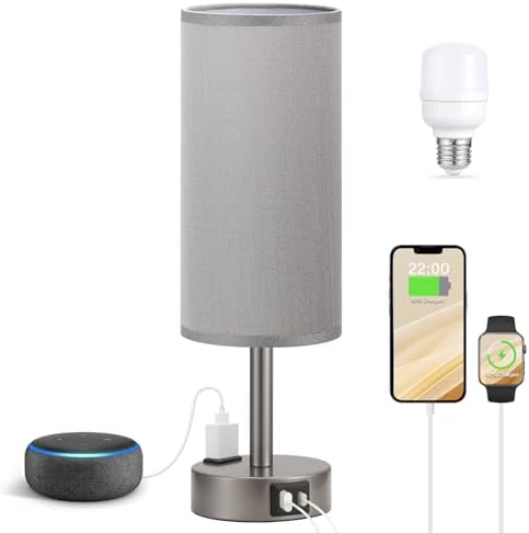 Fenmzee Grey Bedside Lamp for Bedroom, Dimmable Touch, USB A+C, AC Outlet by Fenmzeelighting