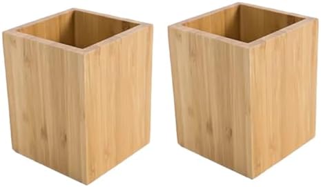 Lurrose 2pcs Bamboo Wood Stackable Storage Bins Organizer for Office Desk Accessories Pen Holder Stationery Organizer - Image 3
