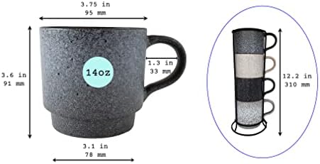 14oz Stackable Ceramic Coffee Mugs with Metal Rack, Assorted Colors - Set of 4 Space Saving Durable Stacking Cups with Speckled Finish - Image 5