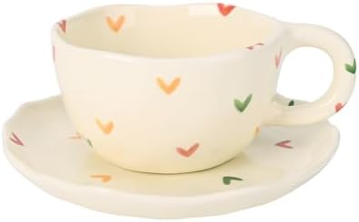 Koythin Ceramic Coffee Mug with Saucers, Handmade Flowers Mugs, Cute Cup for Girl Women, Aesthetic Tea Milk Cup with Handle, 8.5 oz/250 ml for Latte, Cocoa, Office, Home (Colorful Little Hearts) by Koythin
