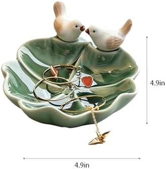 Ceramic Jewelry Tray Trinket Dish, Cute Bird & Lotus Leaf Design, Ring Holder, Seasoning Condiment Dish, Aesthetic Vanity Desk Decor for Bedroom Bathroom (green) - Image 2