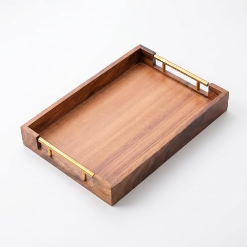 Walnut Wood Serving Tray with Metal Handles, Decorative Wooden Tray for Coffee Table, Living Room, Kitchen Counter and Party (15.75x11.81x1.97 Inch) by Unknown