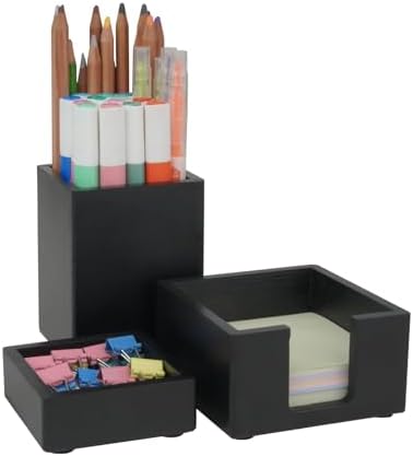 RAWILL 3 PCS Black Wooden Desk Organizer Set Pine Wood Office Desk Accessories with Pen Holder, Paperclip Storage and Sticky Note Holder, Wood Grain Clear, Ideal Gift for Office and Family (Black) by RAWILL