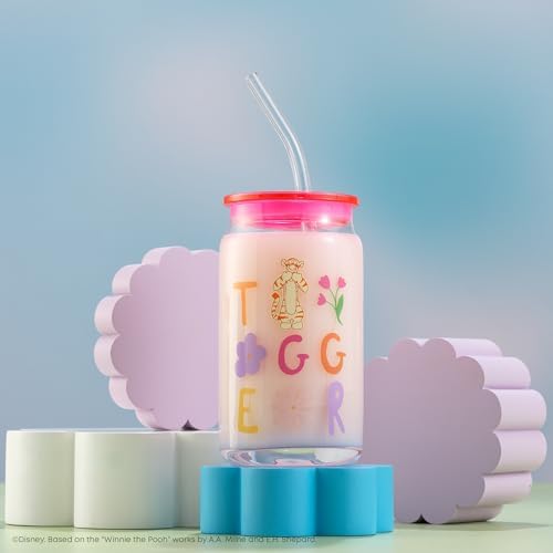 JoyJolt Disney Winnie the Pooh & Friends Flower Power Glass Tumblers with Lids and Straws, 16oz Glass Cups with Lids and Straws, Can Shaped Drinking Glasses Set of 4, Disney Gifts for Adults - Image 6