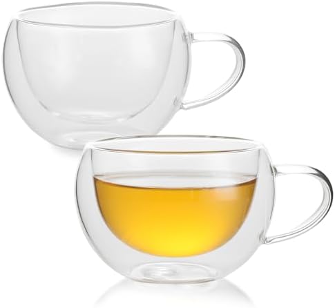Double Wall Insulated Glass Tea Cups Set of 2, Clear Borosilicate Espresso Shot Cups for Espresso Machine, Glass Teacups Coffee Mugs with Handle for Cappuccino Latte, 7OZ/200ML by GURUDAR
