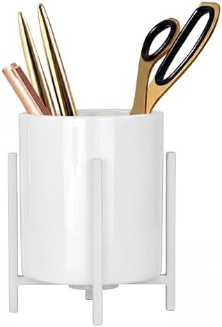 Ceramic Pen Holder for Desk, Durable Ceramic Pencil Cup Holder for Womens Girls, Makeup Cup for Brushes, with 4 Legs Metal Frame by MONOSUGO