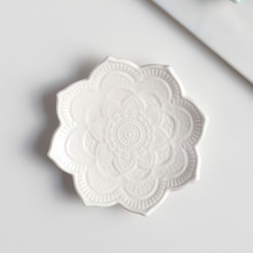 Tracing Gold Lotus Plate Ceramic Ring Jewelry Plate Tabletop Jewelry Storage Tray Decoration,Ceramic Mandala Ring Holder,Decorative Jewelry Holder,Decorative Tray(white,style 2) - Image 2