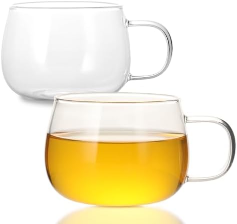 Glass Tea Cups Set of 2, Clear Borosilicate Glass Teacups with Handle for Tealover, Dishwasher & Microwave Safe Large Coffee Mugs for Espresso Cappuccino Latte Juice, 12OZ/360ML by GURUDAR