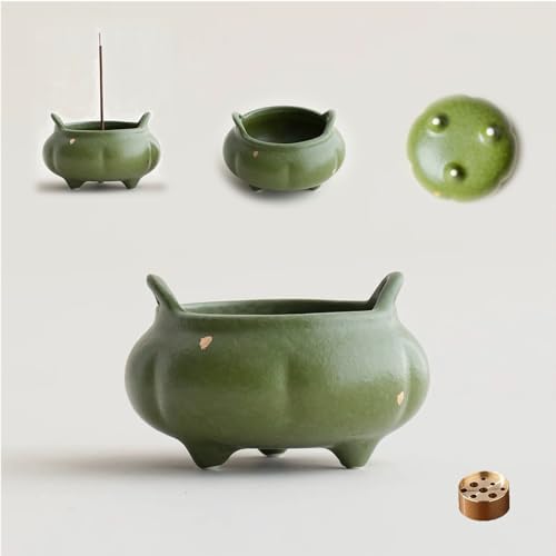 Hermit Life Incense Burner with 9 Holes Stick Holder, Lotus Bud or Tripod Ding Shape Design and Matte Ceramic Surface for Home Décor, Incense Stick Holder with Ash Catcher (Green Tripod Ding) by HermitLife
