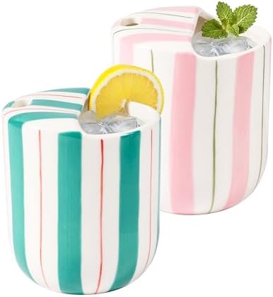 Ceramic Coffee Mug with Sip Hole 10oz Aesthetic Espresso Cup with Hand Painted Striped Coffee Mug for Kitchen Dining Travel (Pink&Green, 2Pack) by Unknown