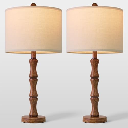 BOBOMOMO 25" Rustic Table Lamps Set of 2, Farmhouse Nightstand Lamps with Wood Grain Resin Base & Linen Shade, Standard Table Lamps for Bedroom, Living Room, End Table & House Décor - Image 6