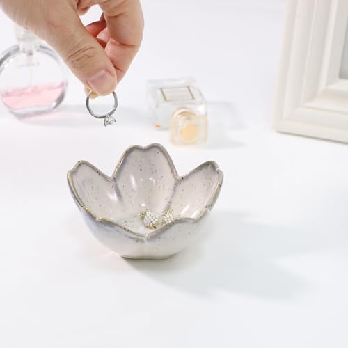 Flower Ring Dish Holder,Jewelry Dish Tray,Small Trinket Tray,Jewelry Plate Bowl,Key Bowl,Decorative Plate,Mothers day Birthday Gifts for Women Friends,Ceramic Kiln effect Grey - Image 2