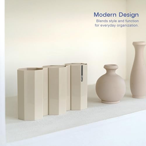 Octagonal Desk Organizer [Sand Beige] - Multi-Compartment Aesthetic Pen Holder, Divided Pencil Cup for Office & Home, Modern Stationery Storage, Traditional K-Design Motif (Made in Korea) - Image 5