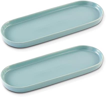 Ceramic Sink Tray, Bathroom Counter Tray, Bathtub Tray, Cosmetics Dish, Candle Tray, Perfume Shampoo Liquid Soap Tray Simple Style Design Suit for Bathroom and Kitchen (2pcs Blue) by CosyCorner