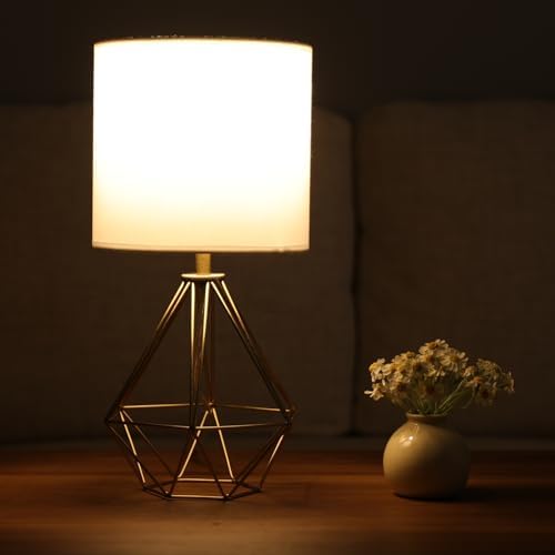Gold Modern Small Table Lamp for Bedroom & Living Room - Geometric Metal Base, White Fabric Shade, Ideal for Bedside & Kids' Desk, Nightstand Lamp - Image 5