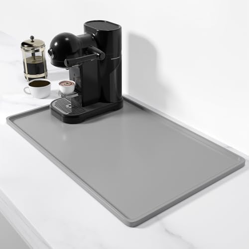 Rnivvi Silicone Coffee Mat, 12" x 19" Waterproof Raised Edge Coffee Bar Mats for Espresso Machine Station Accessories, Heat Resistant Dish Drying Pad for Kitchen Counter, Rubber Bar Decor Pad, Gray by Rnivvi