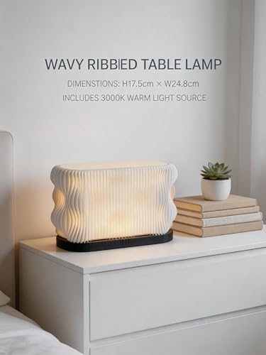 Modern Minimalist Table Lamp, Warm Light Bedside Lamp with Wavy Layered Shade, White, Dark Base, Light Source Included (Large -6.89in*9.76in) - Image 5