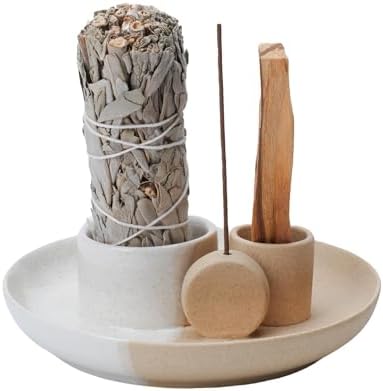 4 in 1 Incense Holder, Ceramic Incense Stick and Palo Santo Holder,Sage Holder for Burning- 4.25" Ceramic Ash Catcher Tray for Meditation and Yoga Room (White Sand) by FancyLemon