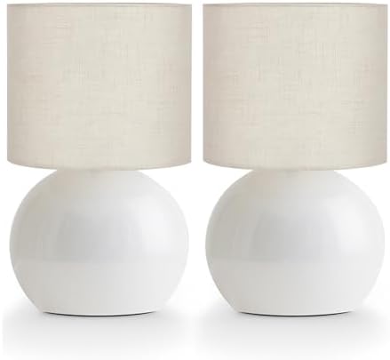 Small Table Lamp for Bedroom, Bedside Nightstand Lamp Set of 2, Minimalist Metal Desk Light with Linen Lampshade, W6.3H10.4 Inch, Including Light Bulb, White by LAMP