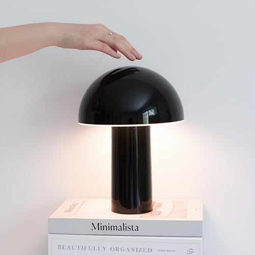 Brightech Celia Small Table Lamp – 10" Touch-Controlled Mushroom Accent Lamp, Cordless & Dimmable Portable Rechargeable Bedside Night Light, Sustainable Recycled Modern Patio Lamp, Home Décor – Black by Brightech