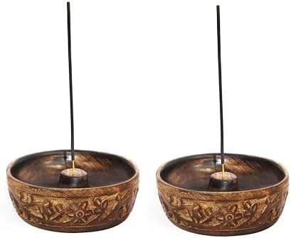 COTTON CRAFT Hand Carved Wood Incense Burner Holder - 2 Pack - Natural - Image 2
