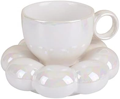 Koythin 6.5oz Sunflower Saucer Mini Ceramic Mug, Pearl White Tea Latte Cup - Image 4