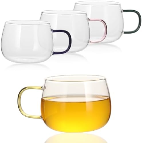 Glass Tea Cups Set of 4, Clear Borosilicate Glass Teacups with Colorful Handle for Tealover, Dishwasher & Microwave Safe Large Coffee Mugs for Espresso Cappuccino Latte Juice, 12OZ/360ML by GURUDAR