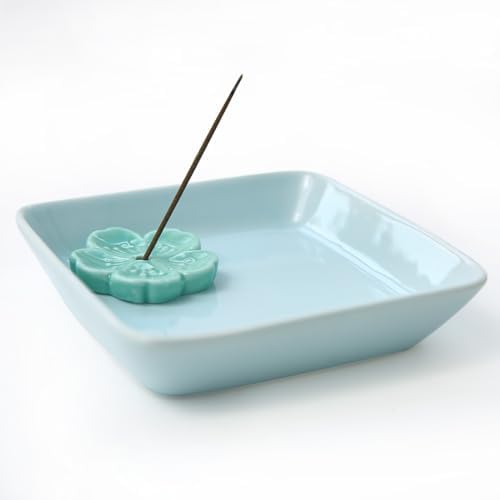 Japanese Ceramic Handmade Cute Cherry Blossom Incense Stick Holder or Incense Burner Holder, Simply Unique Ash Catcher Inscent Tray and Decorative Gift, Home Decor 4.49 inches, Square Blue by Oavand