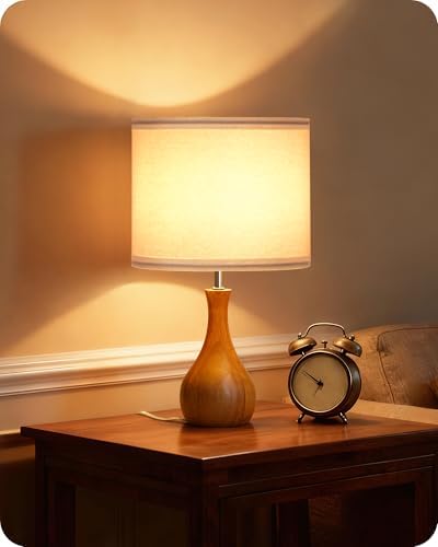 Small Table Lamp, Wood Bedside Lamp with White Linen Lampshade & Dark Wood Base, Mid Century Modern Nightstand Lamp for Bedroom, Living Room, Kid's Room, Dorm Room, E26 Socket, LW09TL05 by GOEBLESON