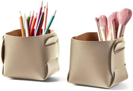 HOMIEAZICOZI 2-Pack Cork Leather Desk Accessories Storage - Pencil Pen Holder - Makeup Brush Holder Organizer - Stylish Addition to Home Decor (Champagne Gold) by HOMIEAZICOZI