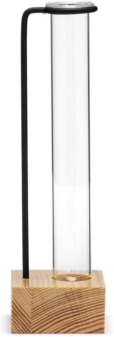 Napco Hanging Glass Propagation Station – 3.5 x 4 Inch Clear Tube Vase with Black Metal Stand and Natural Wood Base for Plant Cuttings and Hydroponic Display, Industrial Farmhouse Home Décor by Napco