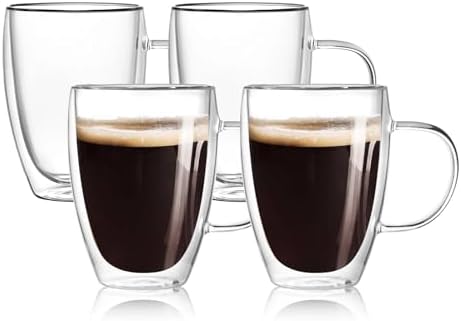 4-Pack 12 Oz Double Walled Glass Coffee Mugs with Handle, Insulated Layer Coffee Cups, Clear Borosilicate Glass Mugs, Gift for Cappuccino,Tea,Latte,Espresso,Hot Beverage,Wine, Microwave Safe, Set of 4 by Wells