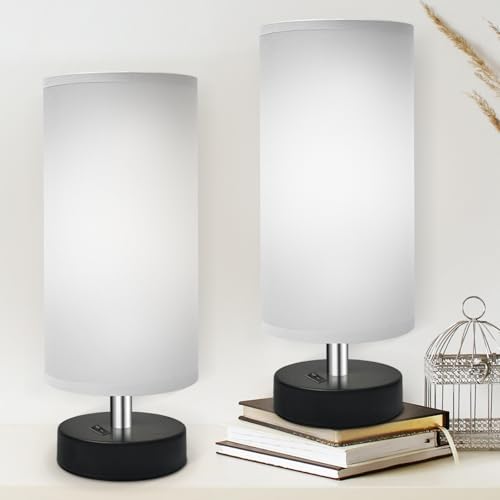 DEGNJU Small Lamp for Bedroom, Bedside Lamps for Night Stands, Mini Minimalist Table Lamp with Round Gray Fabric Shade, 11.4 Inch Desk Reading Lamp for Dorm Room Living Room Office Room, 2 Pack by DEGNJU