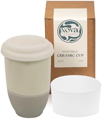 NOVA CERAMICS Travel Mug – Coffee Travel Mug – Reusable Coffee Cup Unique to Go Mug – Microwave & Dishwasher Safe Coffee White Tumbler - Gifts for Women Men Him Her – 12oz – Sea Mist by NovaCeramics