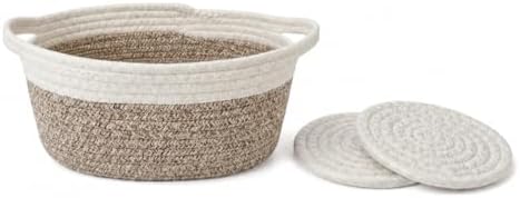Small Cotton Rope Basket - White Woven Storage Basket with Handles, Desktop Organizer for Keys, Remotes, Makeup, Soft Decorative Bin for Bathroom, Office Shelf (White/Hemp Brown) - Image 4