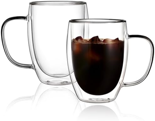 CNGLASS 12oz Double Walled Glass Coffee Mugs,Insulated Glass Mugs with Handle,Clear Espresso Cups for Latte,Cappuccino,Tea Bag,Set of 2 by CNGLASS