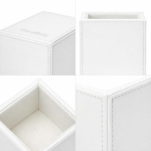 UnionBasic Square Pen Holder, Leather Pencil Cup, Desktop Caddy Stationery Organizer, White - Image 3