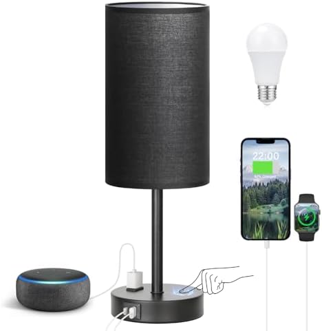 Fenmzee 17.4" Black Lamp for Bedroom - Dimmable Touch, USB A+C, AC Outlet by Fenmzeelighting