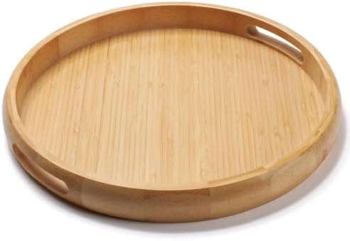 13.4" Round Bamboo Tray with Handles, Wood Serving Tray, Decorative Tray by XIMISISE