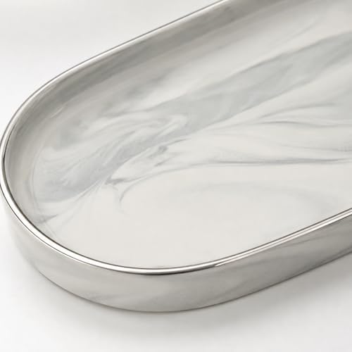 9.6" x 4.3" Oval Ceramic Vanity Tray, Light Gray Marble Bathroom Tray, Decorative Countertop Organizer for Cosmetics, Perfume, Jewelry, Candles, Kitchen Sink Soap Tray - Image 2