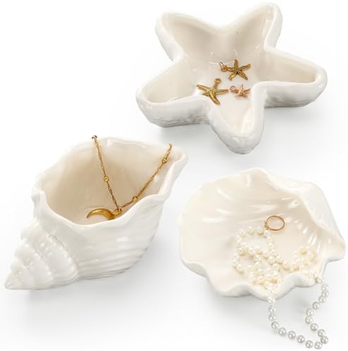 Teenyyou 3 Pcs Ceramic Seashell Jewelry Holder Conch Seashell Bowl, White by Teenyyou