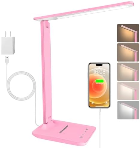 White crown LED Desk Lamp Dimmable Table Lamp Reading Lamp with USB Charging Port, 5 Lighting Modes, Sensitive Control, 30/60 Minutes Timer Pink (Pink, First-Generation) by WhiteCrown