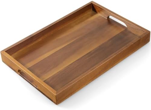 15 Inch Acacia Wood Serving Tray with Handles - Wooden Tray for Ottoman, Breakfast in Bed, Dinner, Coffee Table - Decorative Rectangular Tray for Living Room Bedroom Entryway and Kitchen by Unknown